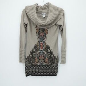 Jackie Sweater Womens XS‎ Beige Wool Pattern Long Sleeve Cowl Neck Fall Boho